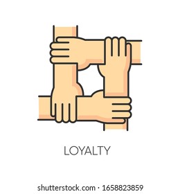 Loyalty RGB color icon. Social connection, collective bonding, fellowship. Friendship, unity, teamwork and faithfulness symbol. People holding hands together isolated vector illustration