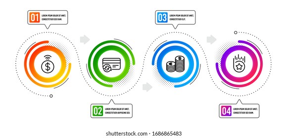 Loyalty star, Contactless payment and Currency line icons set. Infographic timeline. Change card sign. Bonus reward, Financial payment, Euro and usd. Finance set. Vector