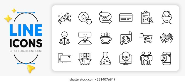 Loyalty star, Credit card and Cyber attack line icons set for app include Ole chant, Chemistry lab, Computer outline thin icon. Ethics, Accounting report, Fair trade pictogram icon. Vector