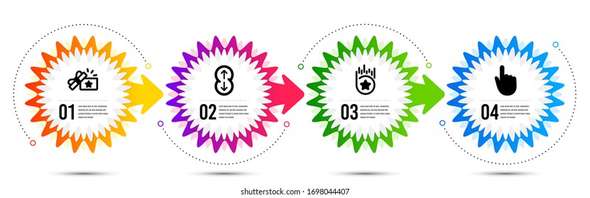Loyalty star, Loyalty gift and Scroll down icons simple set. Timeline steps infographic. Hand click sign. Bonus reward, Bonus award, Swipe arrow. Location pointer. Business set. Vector