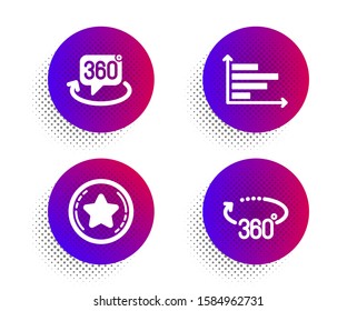 Loyalty star, Horizontal chart and 360 degree icons simple set. Halftone dots button. 360 degrees sign. Bonus reward, Presentation graph, Virtual reality. Full rotation. Technology set. Vector