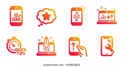 Loyalty star, Quick tips and Smartphone statistics line icons set. Mail, Swipe up and Sound check signs. Start business, Smartphone repair symbols. Bonus reward, Helpful tricks. Vector