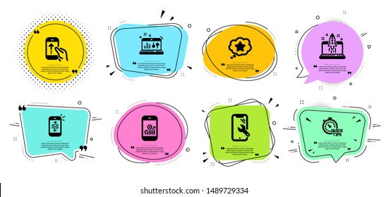 Loyalty star, Quick tips and Smartphone statistics line icons set. Chat bubbles with quotes. Mail, Swipe up and Sound check signs. Start business, Smartphone repair symbols. Vector