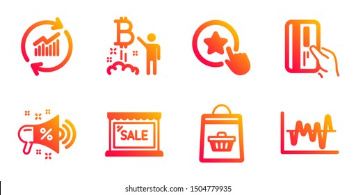 Loyalty star, Sale megaphone and Payment card line icons set. Update data, Bitcoin project and Sale signs. Online buying, Stock analysis symbols. Bonus reward, Shopping. Finance set. Vector