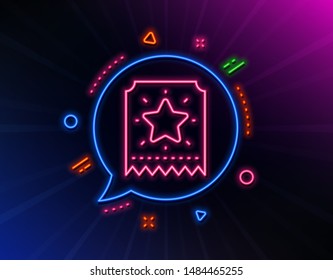 Loyalty star ticket line icon. Neon laser lights. Bonus points. Discount program symbol. Glow laser speech bubble. Neon lights chat bubble. Banner badge with loyalty ticket icon. Vector