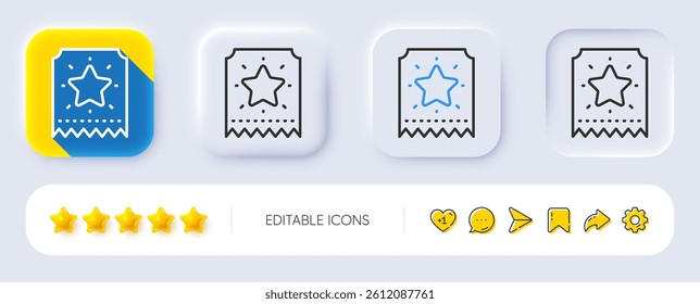 Loyalty star ticket line icon. Neumorphic, Flat shadow, 3d buttons. Bonus points. Discount program symbol. Line loyalty ticket icon. Social media icons. Vector