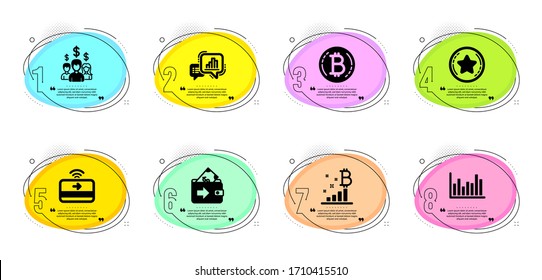 Loyalty star, Wallet and Bitcoin graph signs. Timeline infographic. Salary employees, Bar diagram and Bitcoin line icons set. Graph chart, Contactless payment symbols. Vector