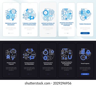 Loyalty system trend dark, light onboarding mobile app page screen. Walkthrough 5 steps graphic instructions with concepts. UI, UX, GUI vector template with linear night and day mode illustrations