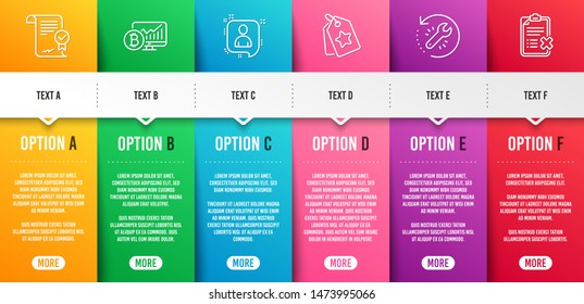 Loyalty tags, Bitcoin chart and Approved agreement line icons set. Infographic timeline. Recovery tool, Developers chat and Reject checklist signs. Vector