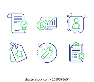 Loyalty tags, Bitcoin chart and Approved agreement line icons set. Recovery tool, Developers chat and Reject checklist signs. Bonus reward, Cryptocurrency statistics, Verified document. Vector