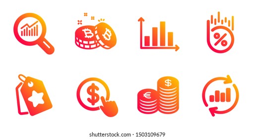 Loyalty tags, Buy currency and Diagram graph line icons set. Currency, Data analysis and Bitcoin signs. Loan percent, Update data symbols. Bonus reward, Money exchange. Finance set. Vector