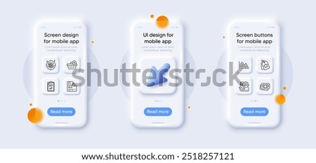 Loyalty tags, Loyalty points and Card line icons pack. 3d phone mockups with cursor. Glass smartphone screen. Investment graph, Add purchase, Money change web icon. Stress, Checklist pictogram. Vector