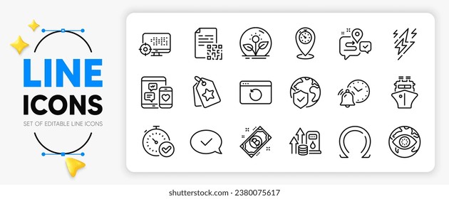 Las etiquetas de lealtad, los iconos de línea World Insurance y Timer establecidos para la aplicación incluyen Journey, Ship, el icono delgado del contorno de los medios sociales. Bitcoin, código Qr, icono del pictograma del incubador. Rayo. Vector