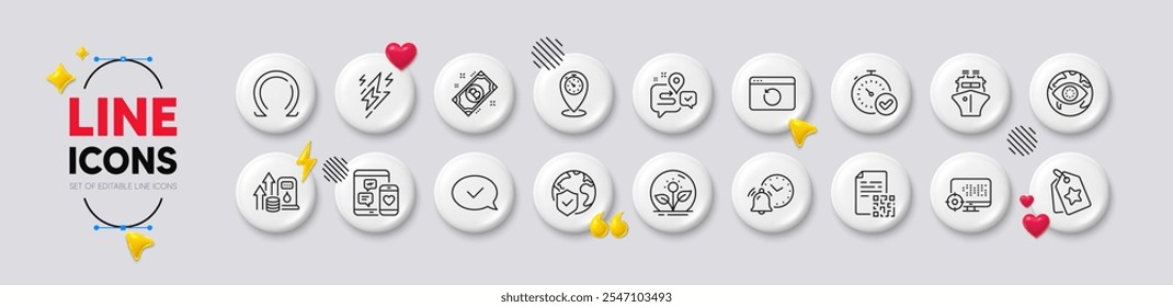 Loyalty tags, World insurance and Timer line icons. White buttons 3d icons. Pack of Journey, Ship, Social media icon. Bitcoin, Qr code, Incubator pictogram. Vector