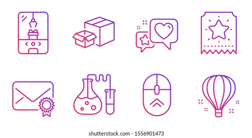 Loyalty ticket, Packing boxes and Verified mail line icons set. Heart, Chemistry lab and Swipe up signs. Crane claw machine, Air balloon symbols. Bonus star, Delivery box. Technology set. Vector