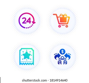 Loyalty ticket, Shopping cart and 24 hours icons simple set. Button with halftone dots. Sharing economy sign. Bonus star, Gift box, Time. Share. Technology set. Vector