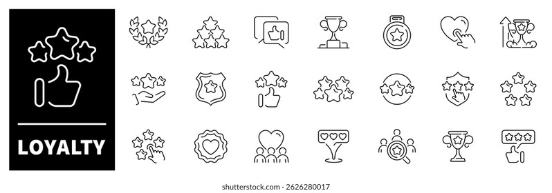 Loyalty vector icons. Loyalty program thin line icon collection. Bonus, Redeem gift, discount coupon, rating, Lottery, reward, gift, loyalty related icons