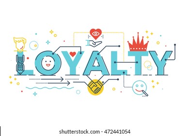 Loyalty word lettering typography design illustration with line icons and ornaments in blue theme