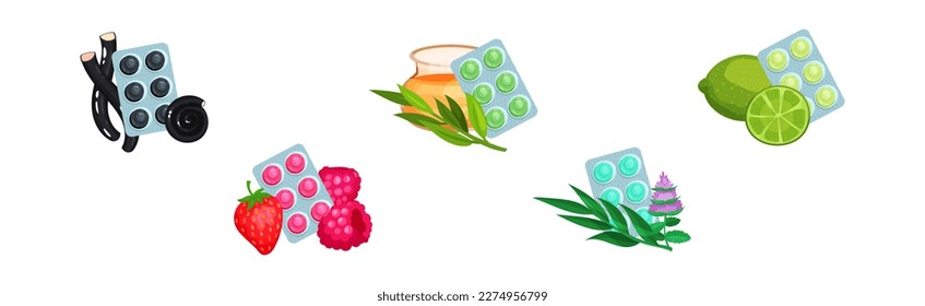 Lozenge Blister Packs with Different Flavour as Throat Candies and Cough Remedy Vector Set