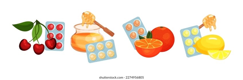 Lozenge Blister Packs with Different Flavour as Throat Candies and Cough Remedy Vector Set