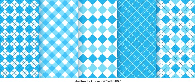 Lozenge checkered seamless pattern. Argyle diamond backgrounds. Set blue rhombus plaid prints. Vector illustration. Bavarian Oktoberfest textures. Modern geometric backdrop.