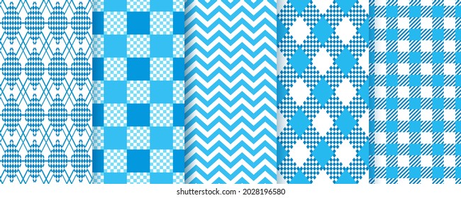 Lozenge checkered seamless pattern. Bavarian Oktoberfest textures. Argyle diamond backgrounds. Set blue prints with rhombus, zigzag, check and plaid. Vector illustration. Modern geometric backdrop.