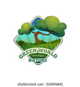 Lozenge logo, sign, badge with nature, landscape, trees. Cartoon style. Vector. Place for your text.