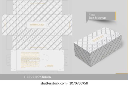 Lozenge Pattern With Dots On White Box. Tissue Box Template Concept, Template For Business Purpose, Place Your Text And Logos And Ready To GO For Print.