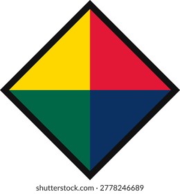 A lozenge shape with a bold black border containing four internal triangles colored yellow, red, green, and dark blue segments.