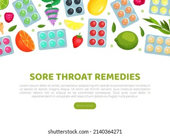 Lozenges landing page template. Sore throat treatment web banner with text vector illustration