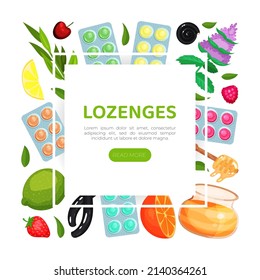 Lozenges web banner. Advertising, packaging design. Sore throat treatment landing page vector illustration