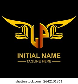 LP Golden Wing Emblem Logo with elegant gold wings, sleek and modern design. Ideal for branding, creative projects, luxury businesses, or artistic ventures.