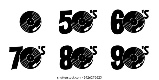 Lp icon. Music year of fifties, sixties, seventies, eighties, nineties. dj symbol. Vinyl record album. I love the 50's 60's 70's 80's 90's music plate. Phonograph, Gramophone label. Audio, turntable.