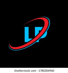 Diseño del logotipo de la carta LP L P. Letra inicial del logotipo de monograma en mayúsculas del círculo LP enlazado en mayúsculas rojo y azul. Logotipo LP, diseño L P. lp, l p,