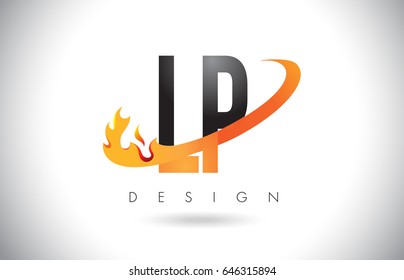 LP L P Letter Logo Design with Fire Flames and Orange Swoosh Vector Illustration.