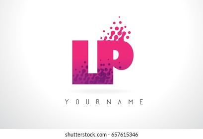 LP L P Letter Logo with Pink Letters and Purple Color Particles Dots Design.