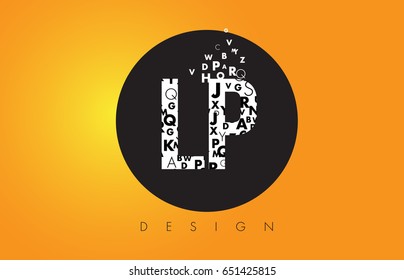 LP L P Logo Design Made of Small Letters with Black Circle and Yellow Background.
