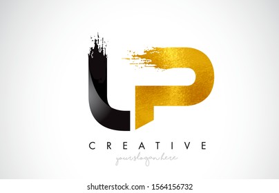 LP Letter Design with Black Golden Brush Stroke and Modern Look Vector Illustration.