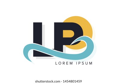 LP letter logo with ocean waves and sunset. Beach concept design
