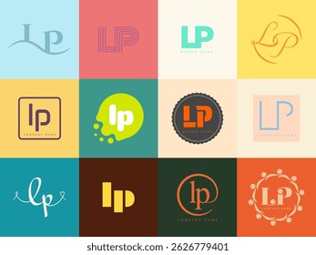 LP logo company template. Letter l and p logotype. Set different classic serif lettering and modern bold text with design elements. Initial font typography. Collection trendy business identity.