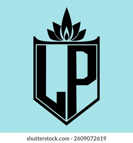 LP Logo featuring a minimalist design with a crown-like flower symbol on top, bold black elements, and a soft blue background, perfect for branding and modern visual identity.