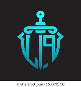LP Logo monogram with sword and shield combination isolated blue colors gradient
