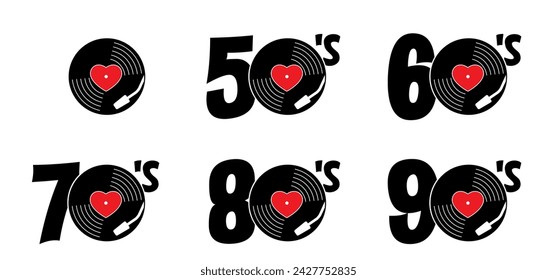 Lp music year of fifties, sixties, seventies, eighties, nineties. dj symbol. Vinyl record album. I love the years 50's 60's 70's 80's 90's music plate. Phonograph, Gramophone label. Audio, turntable. 