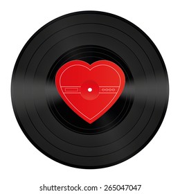 LP record with blank heart shaped center that can be labeled with a love song or any message of love. Isolated vector illustration on white background.