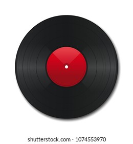 LP vinyl record with blank red label. Vinyl isolated on white. Realistic vector illustration