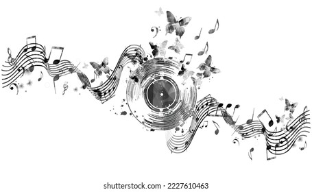 LP vinyl record disc with musical notes stave and butterflies for concert events, music festivals and shows, party flyers, invitations. Black and white music poster for club. Vector illustration	