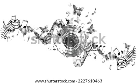 LP vinyl record disc with musical notes stave and butterflies for concert events, music festivals and shows, party flyers, invitations. Black and white music poster for club. Vector illustration	