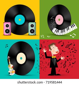 LP - Vinyl Record Discs with Speakers, Piano Keyboard, Violin and Singer. Vector Retro Music Symbols Illustration.