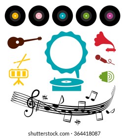 LP - Vinyl Record with Gramophone and Musical Symbols - Icons