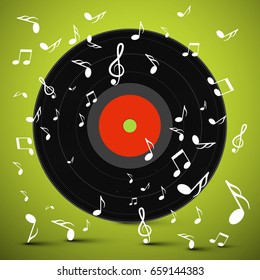 LP. Vinyl Record with Notes on Green Background. Vector.